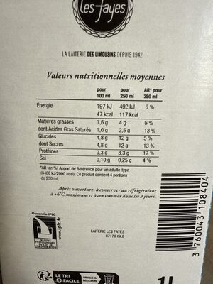 Le Lait des Limousins nutrition facts table