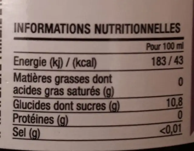 Pétillant sans alcool pom'cassis nutrition facts table