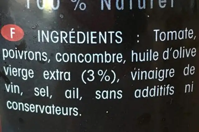 Gazpacho 100% Naturel ingredients label