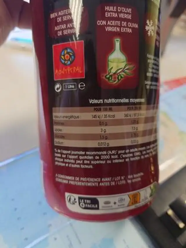 Gazpacho 100% Naturel nutrition facts table