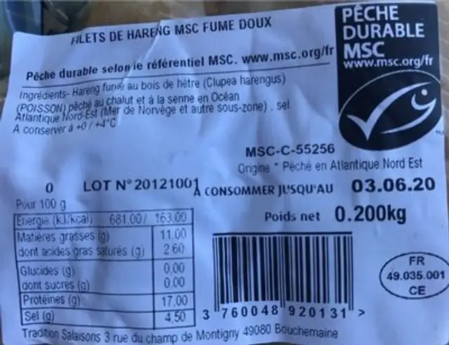 Filets de hareng fumés doux nutrition facts table