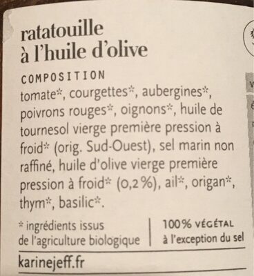 Ratatouille à l'huile d'olive ingredients label