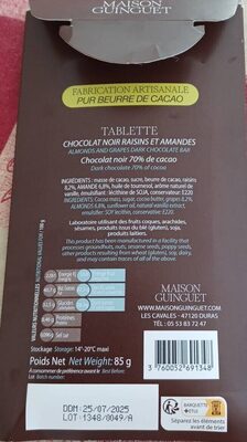 Noir raisins et amandes nutrition facts table