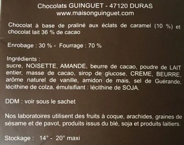 Praliné Gourmand au Caramel ingredients label