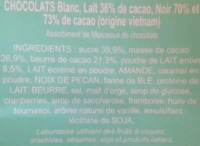 Assortiments de chocolats ingredients label