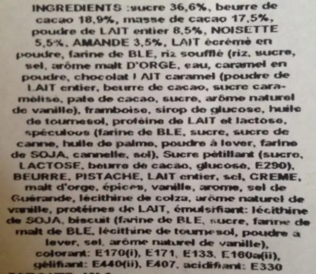 Assortiment de chocolats ingredients label
