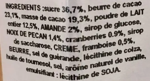 Barres de chocolats cône ingredients label