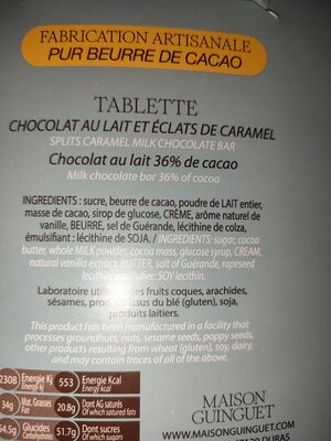 Chocolat lait et éclat de caramel ingredients label