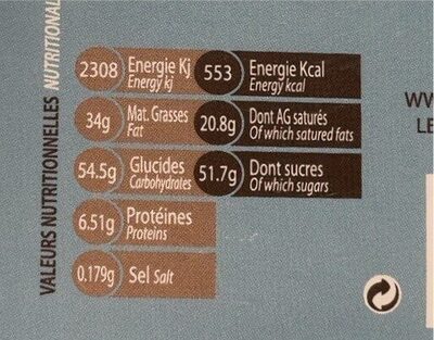Chocolat lait et éclat de caramel nutrition facts table