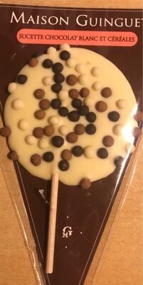 Sucette chocolat blanc et céréales front packaging