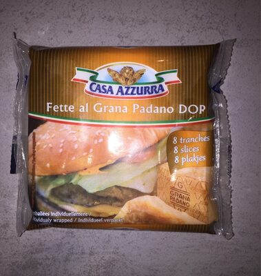 Grana padano pasteurisé CASA AZZURRA, 29%mg, 8 tranches front packaging