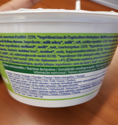 Fromage bio ricotta Casa azzurra ingredients label