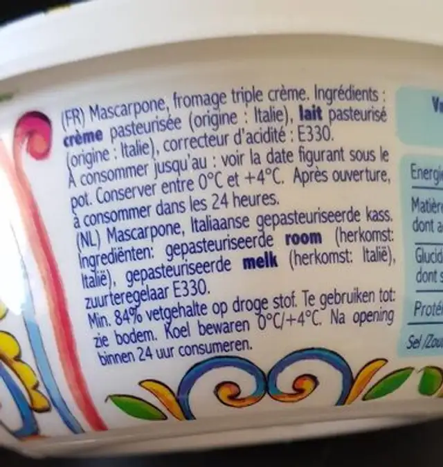 MASCARPONE ingredients label