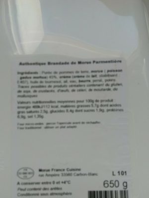 Brandade de morue parmentière ingredients label