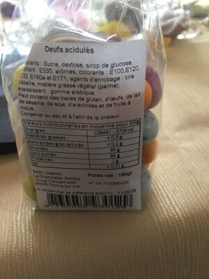 Oeuf acidules ingredients label