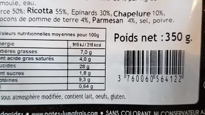 Pâtes Soleil Ricotta Épinards nutrition facts table