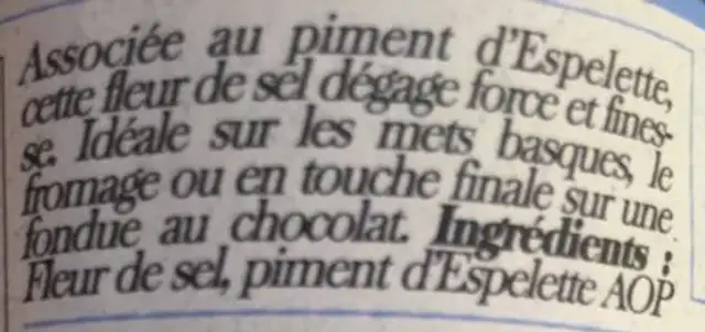 Fleur de sel au piment d'Espelette ingredients label