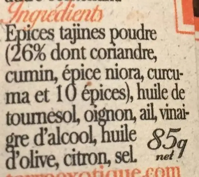 Pâte pour Tajine ingredients label