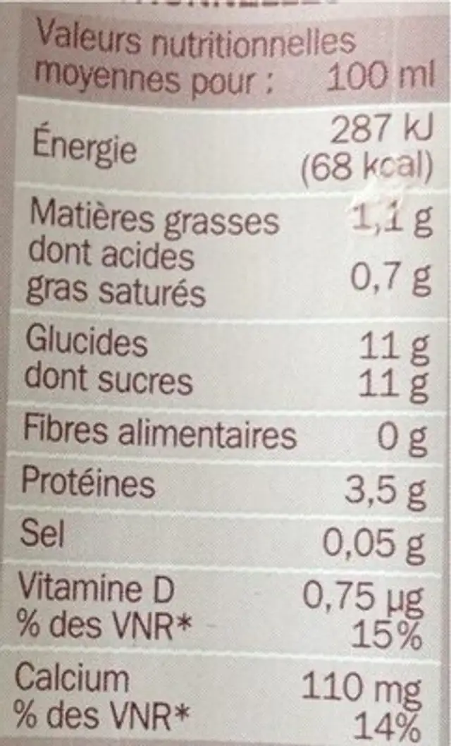 Lait au chocolat nutrition facts table