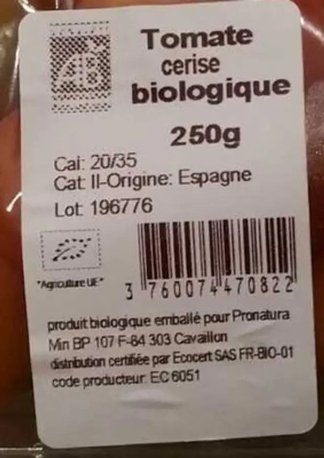 Tomate cerise biologique ingredients label