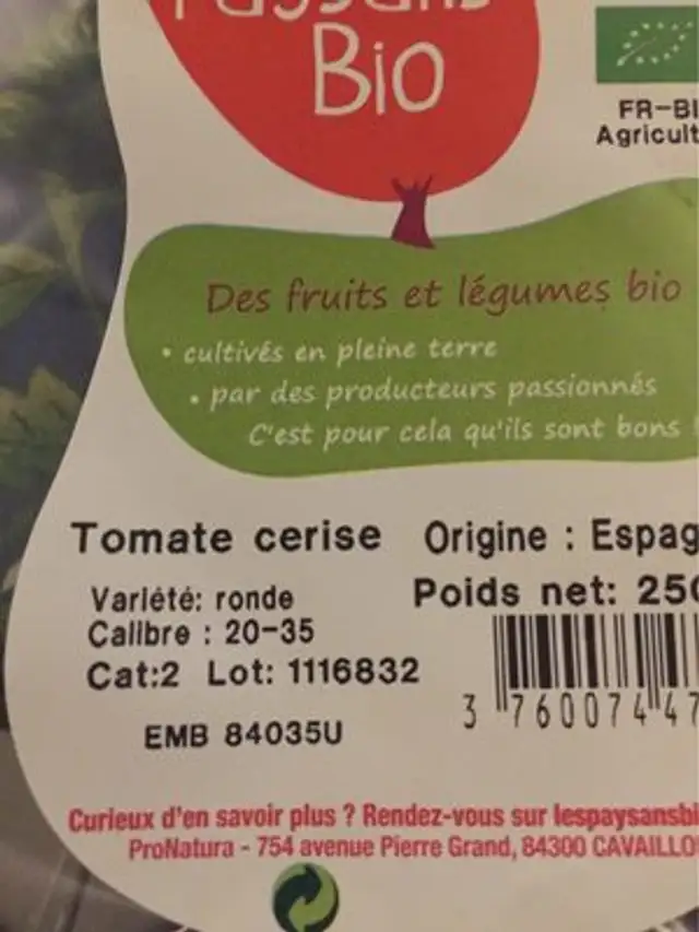 Tomate cerise biologique nutrition facts table