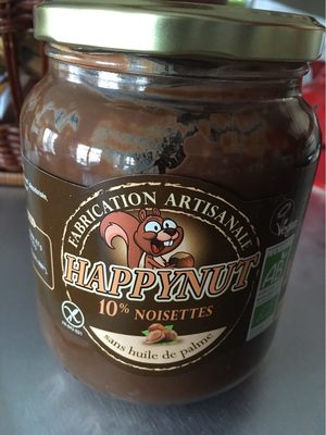 HAPPYNUT, 10% noisettes, sans huile de palme, vegan front packaging
