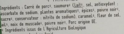 Carré de porc cuit bio ingredients label