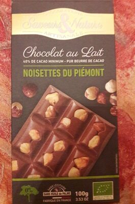 Chocolat au lait noisette du piemont front packaging