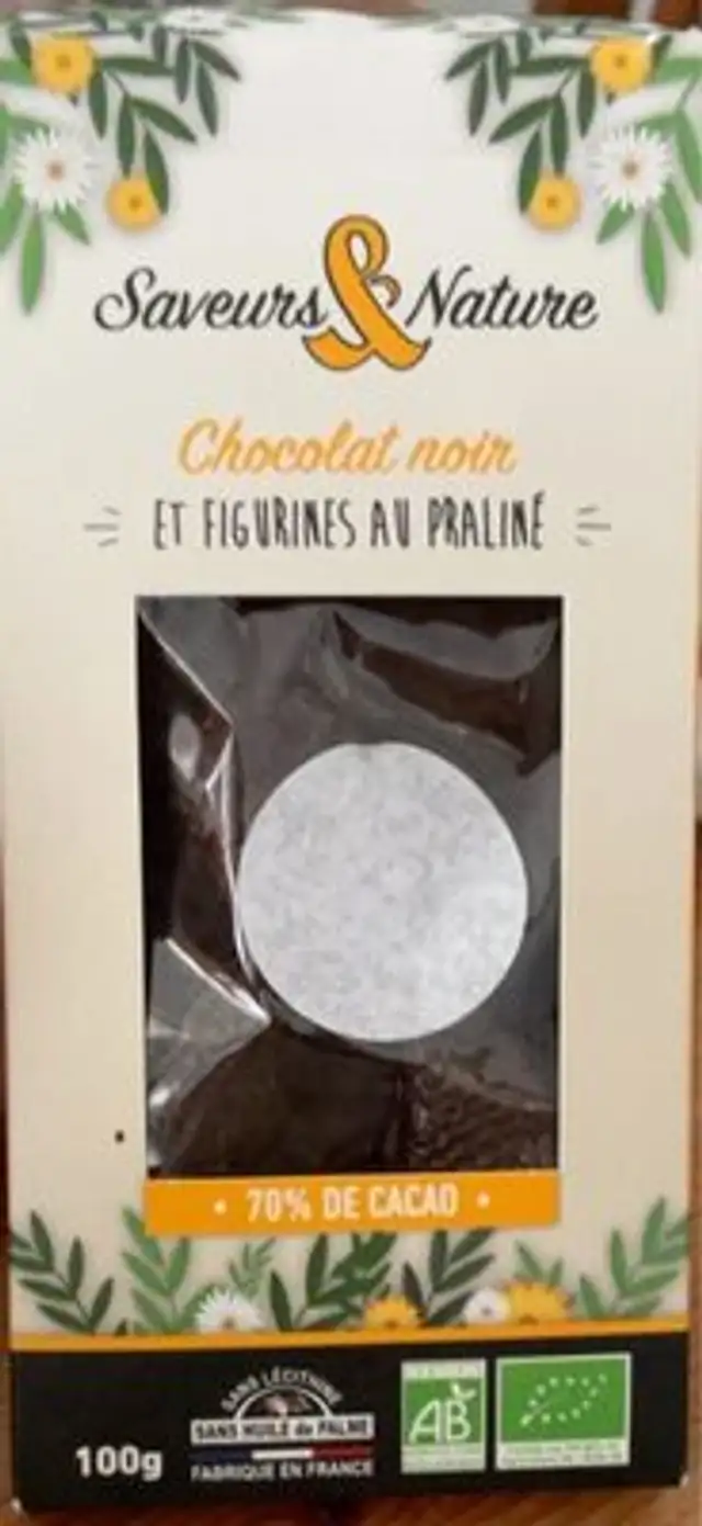 Chocolat noir et figurines au praliné front packaging
