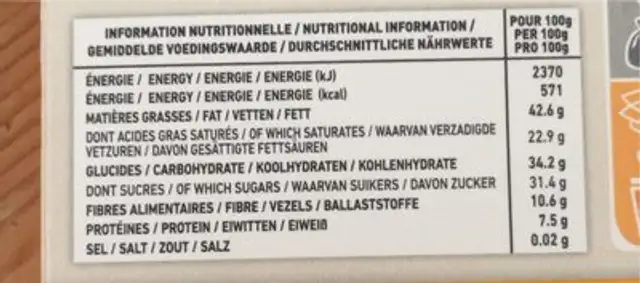 Chocolat noir et figurines au praliné nutrition facts table