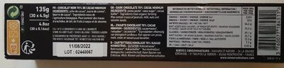 30 carrés de chocolat noir emballages individuels nutrition facts table