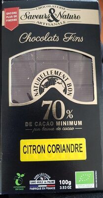 Chocolat Noir Au Citron Et Coriandre (100 GR) nutrition facts table