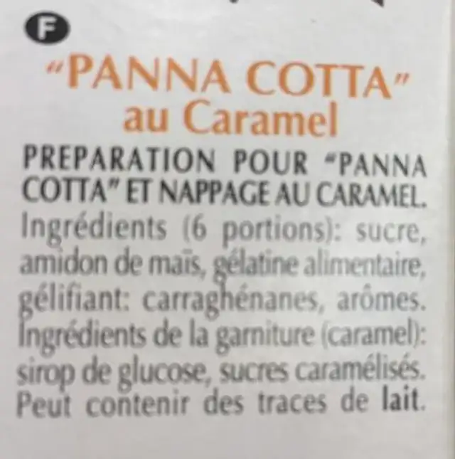 Panna cotta al caramello ingredients label