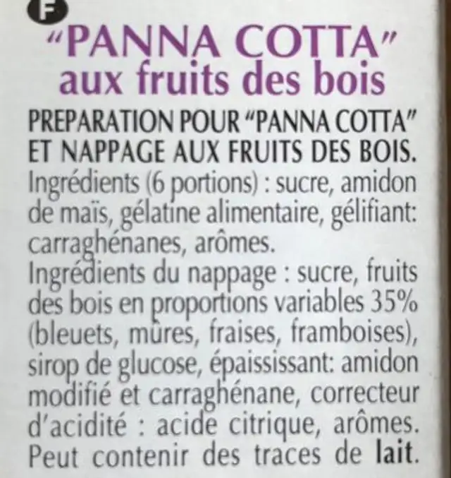 Panna cotta ai frutti di bosco ingredients label