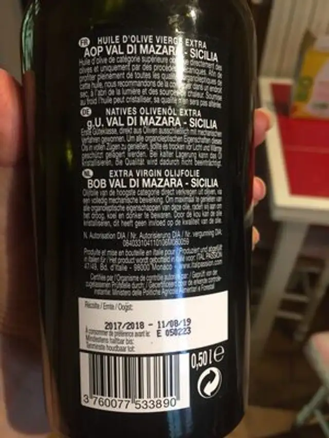 Huile d'Olive Vierge Extra DOP VAL DI MAZARA SICILIA ingredients label