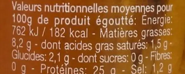 Filets de thon à l'huile d'olive et aux piments nutrition facts table