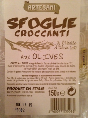 Sfoglie croccanti aux olives front packaging