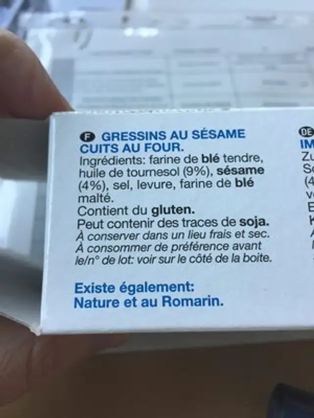 Grissini torinesi al sesamo ingredients label