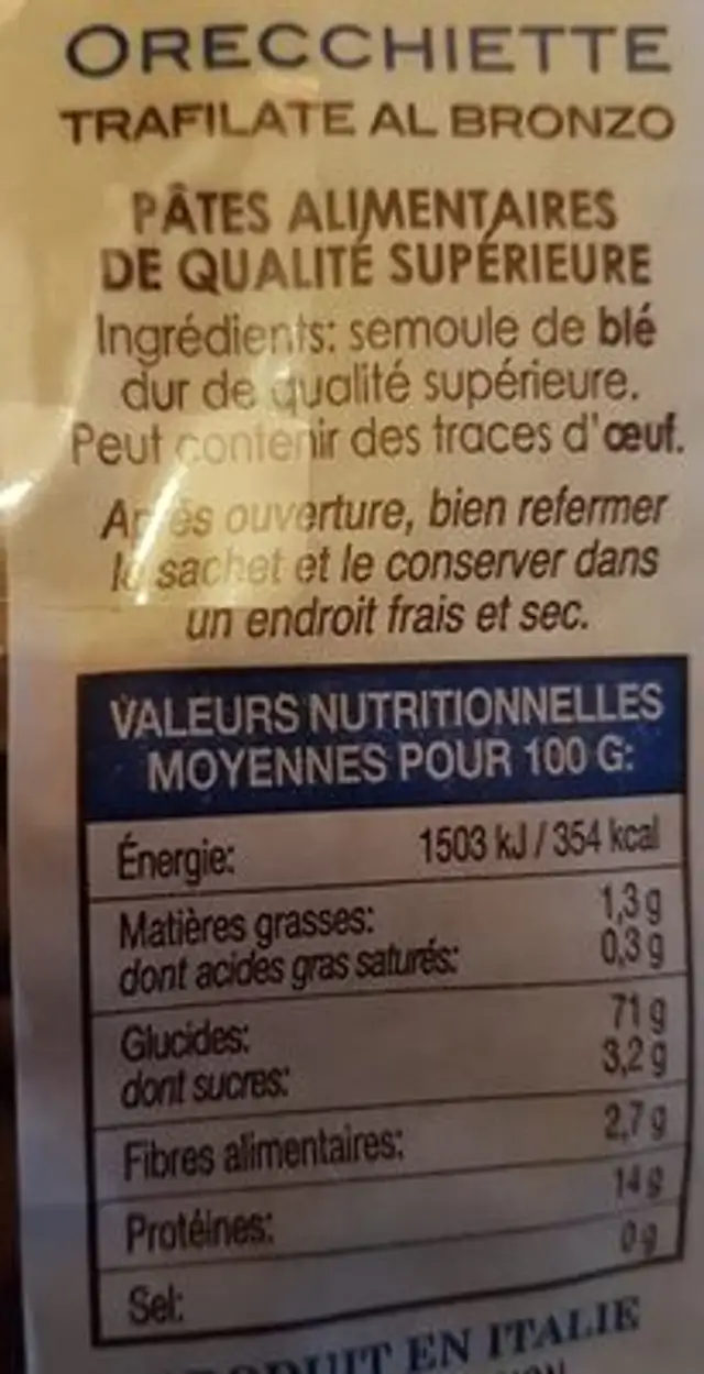 Pâte orecchiette ingredients label