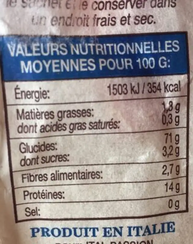 Pâte orecchiette nutrition facts table