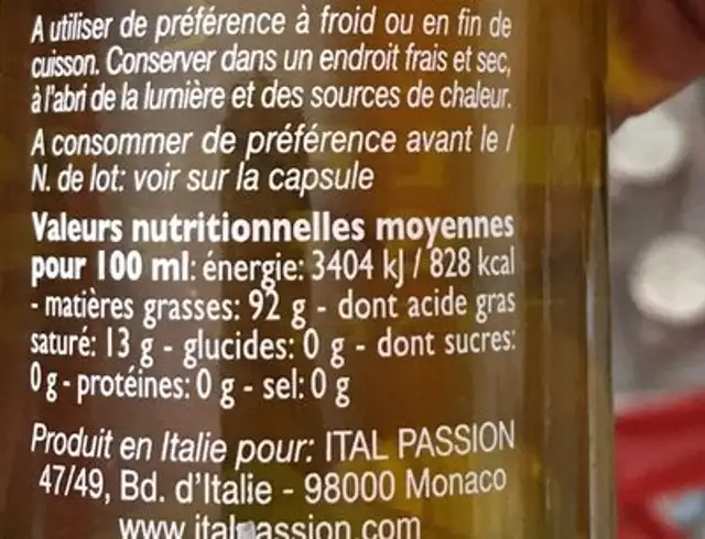 Huile d'olive vierge extra aromatisée à l'orange nutrition facts table