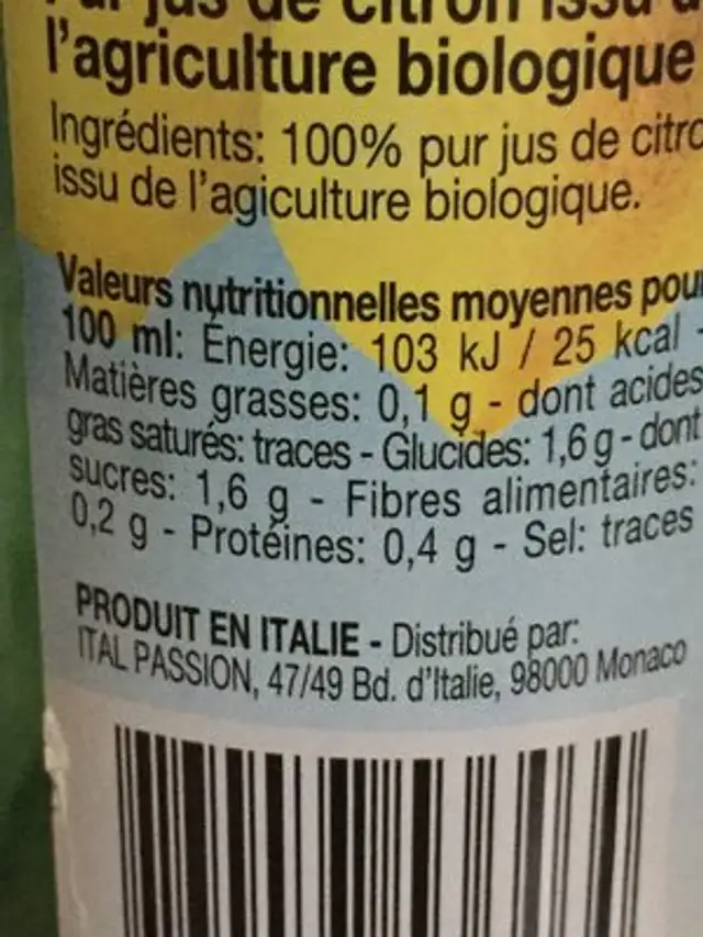 Pur jus de citron bio ingredients label
