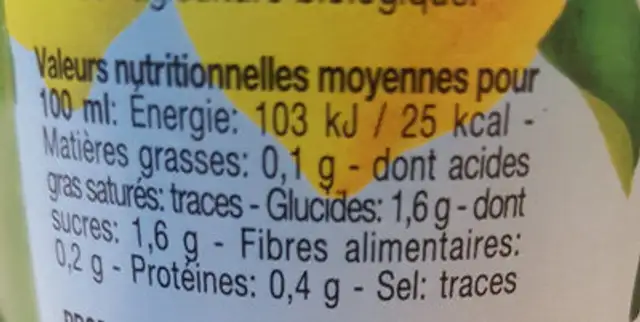 Pur jus de citron bio nutrition facts table