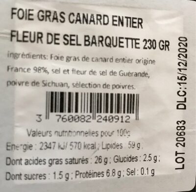 Le foie gras de canard entier à la fleur de sel de Guérande nutrition facts table