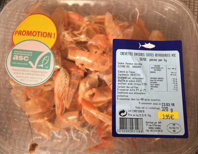 Crevettes entieres cuites refrigerées asc 50/60 pieces par kg