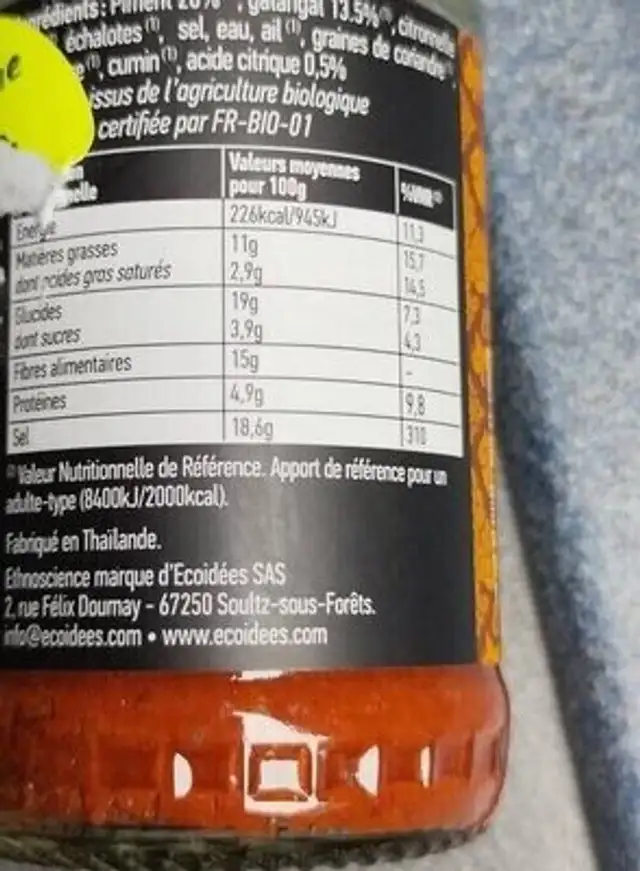 Massaman nutrition facts table