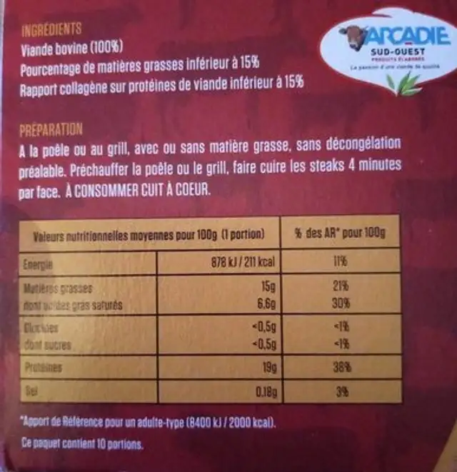 10 steaks hachés pur bœuf nutrition facts table