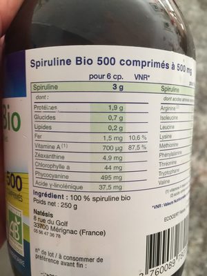 Spiruline Bio Tamil Nadu - 500 Comprimés - Natésis