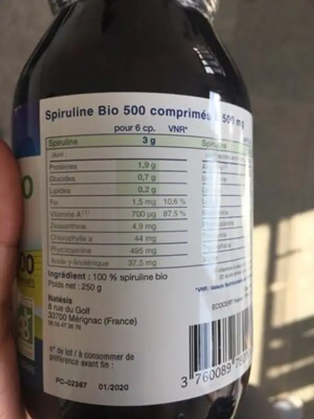 Spiruline Bio Tamil Nadu - 500 Comprimés - Natésis ingredients label