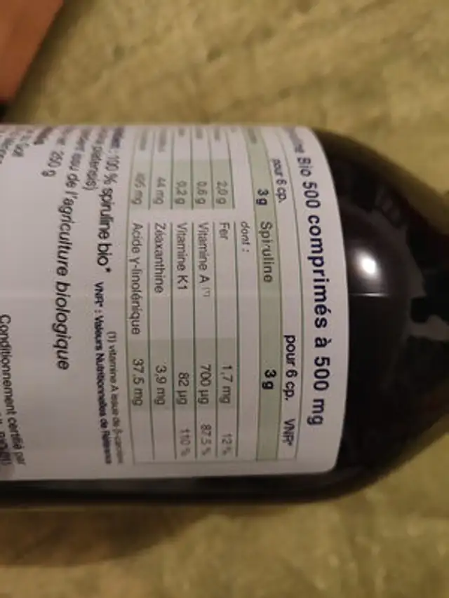 Spiruline Bio Tamil Nadu - 500 Comprimés - Natésis nutrition facts table